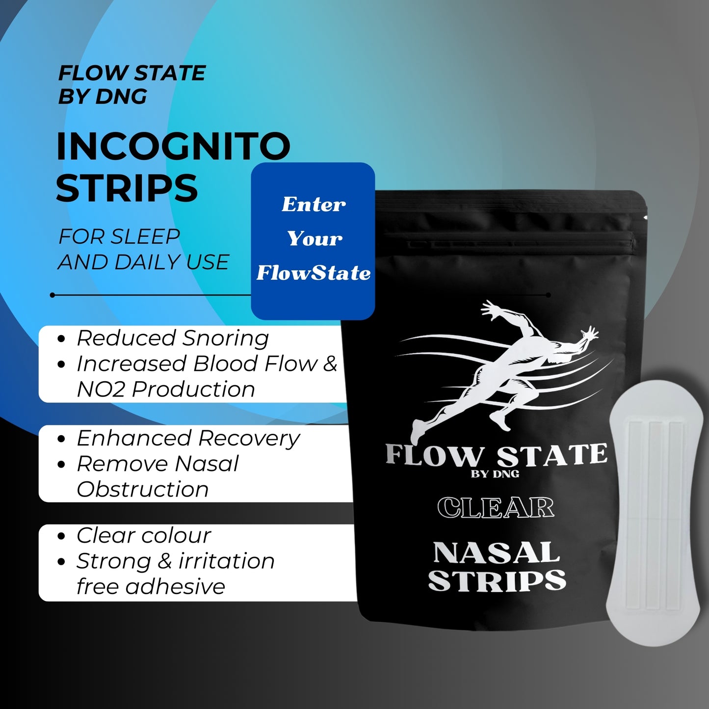 Infographic showcasing the benefits of Flow State Clear Nasal Strips Incognito Edition, including improved airflow, reduced snoring, enhanced sleep quality, and discreet daily wear.