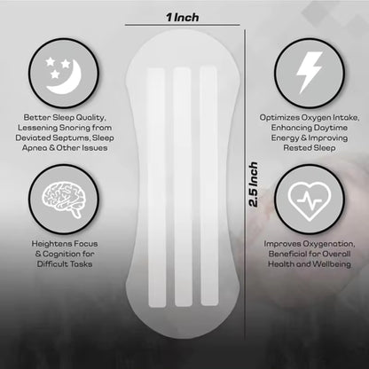 Flow State Nasal Strips benefits and size guide infographic showing improved breathing, enhanced oxygen intake, and product dimensions for optimal fit.