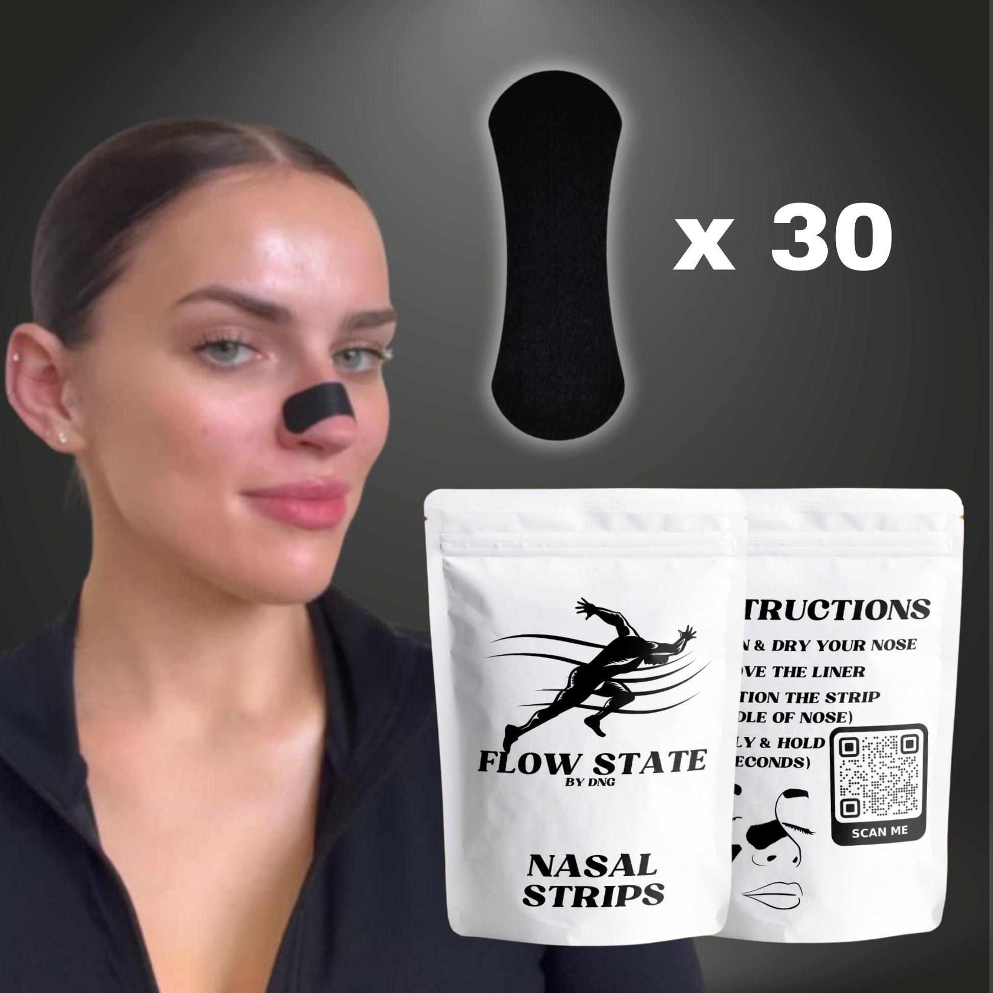 Person wearing Flow State Performance Nasal Strip in black, with packaging displaying 30 strips and product details for enhanced breathing during workouts.