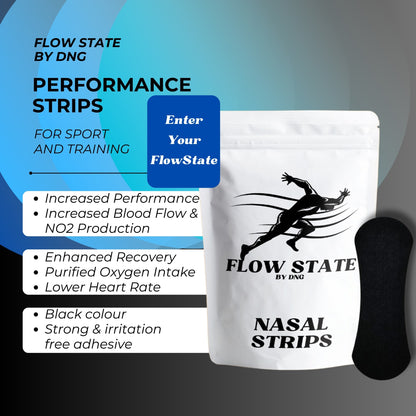 Flow State Black Nasal Strips with informational details, showcasing benefits such as enhanced oxygen flow, improved endurance, and comfortable, secure wear for workouts and daily use.